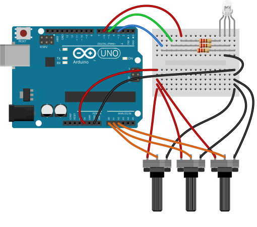 Un circuit basé sur une carte Arduino et une carte de prototypage. Le circuit comprend des LED, des résistances et des potentiomètres.